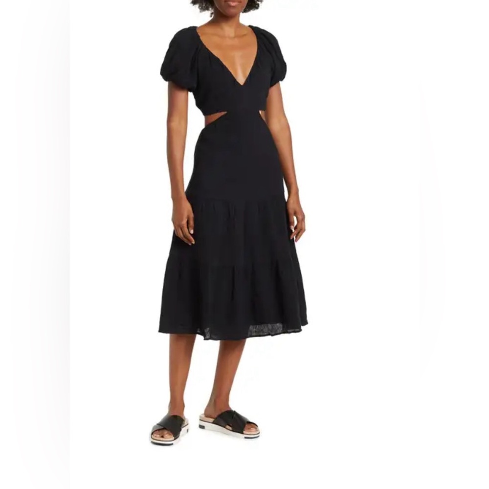 ASTR the Label Puff Sleeve Cutout Gauze Midi Dress